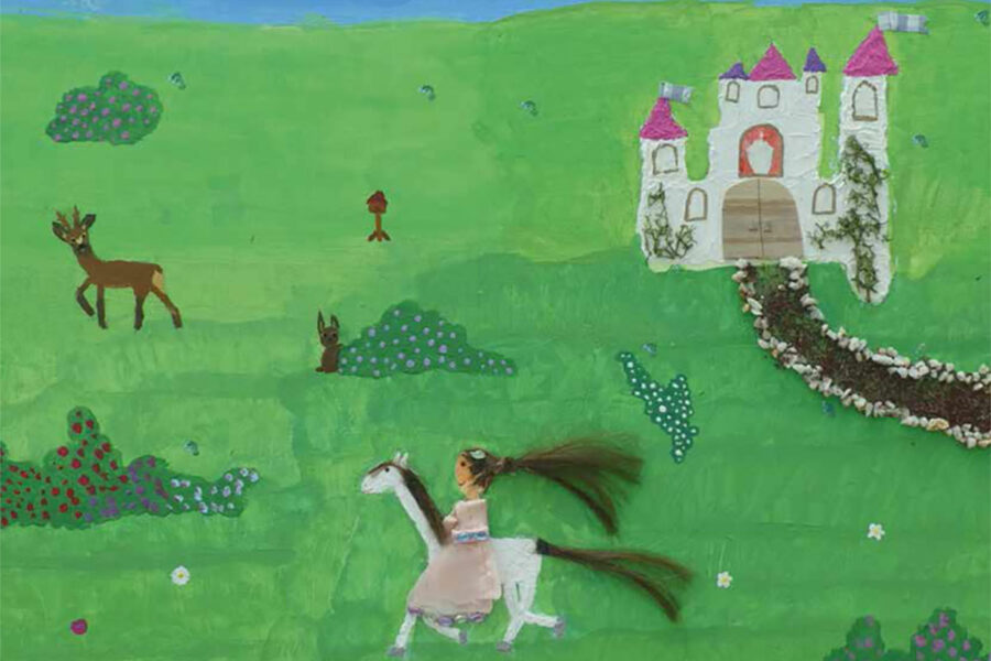 Selbstgebasteltes Bild von Mädchen auf Pferd vor Prinzessinenschloss mit Hirsch auf grünem Hintergrund