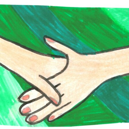 Gezeichnete Hände halten sich bei der Hand vor grünem Hintergrund